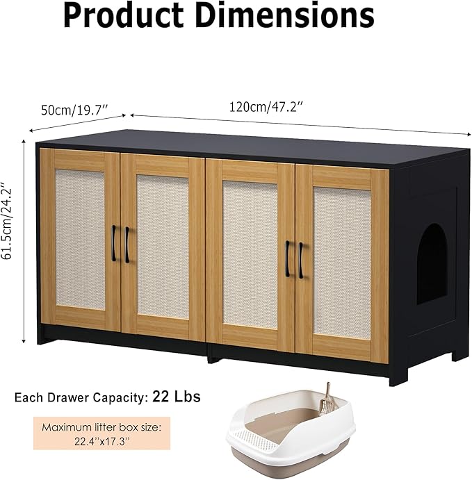 Double Room Litter Box Enclosure For 2 Cats, 47.2" Large Wood Hidden Litter Box Furniture For 2 Boxes with Sisal Doors and Sliding Drawers, Indoor Cat House TV Stand Black