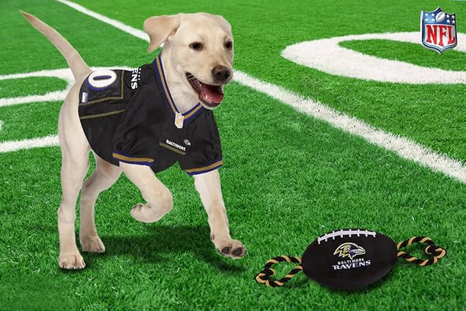 Pets First NFL Baltimore Ravens Football Dog Toy, Tough Quality Nylon Materials, Strong Pull Ropes, Inner Squeaker, NFL Team Color