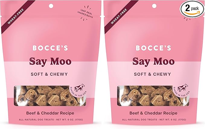 Bocce's Bakery Oven Baked Say Moo Treats for Dogs, Wheat-Free Everyday Dog Treats, Made with Real Ingredients, Baked in The USA, Natural Soft & Chewy Cookies, Beef & Cheddar Recipe, 6 oz (Pack of 2)