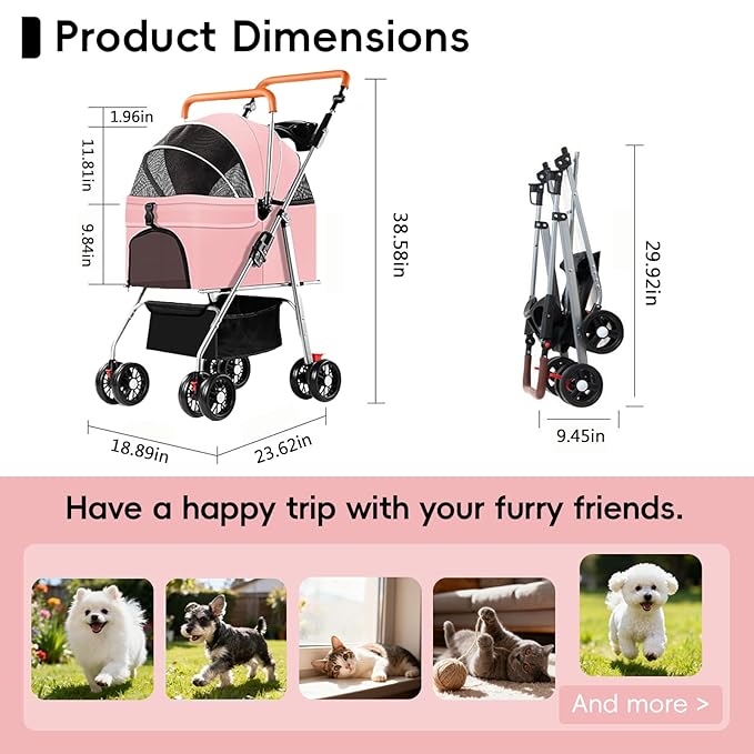 YYW Pet Stroller for Small Dogs & Cats, 3 in 1 Foldable Kittens Puppies Travel Strolling Cart with Removable Carrier, Cup Holder, Storage Basket & Lockable Wheels(Pink)