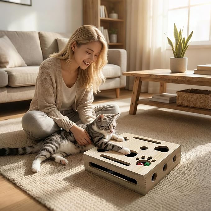 Cat Nail File Box for Indoor Cats – No Assembly Needed, 2026 Upgrade Wooden Scratch Puzzle Enrichment Box with Bell Ball & Sandpaper, Stress-Free Nail Trimming Alternative to Clippers