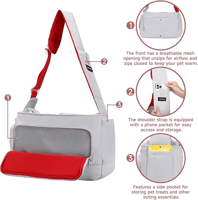 Dog Sling Carrier for Small Medium Dogs & Cats, Fits 7–18lbs, Soft Puffy Lightweight Pet Sling Carrier with Adjustable Padded Strap and Storage Pocket, Hands-Free for Travel, Hiking & Outdoor Grey