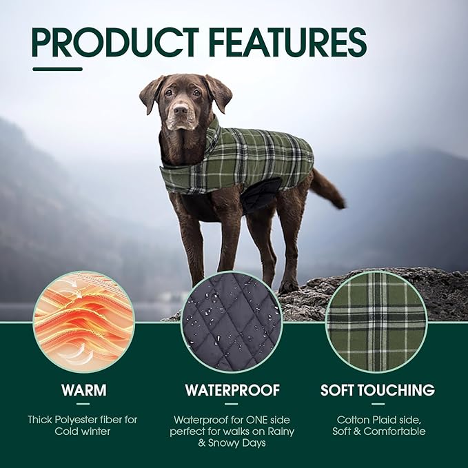 Kuoser Waterproof Dog Coat, Reversible Dog Jacket for Large Dogs, Adjustable Durable Doggie Winter Coat for Groowing Puppies Warm Puppy Cold Weather Apparel, Green L