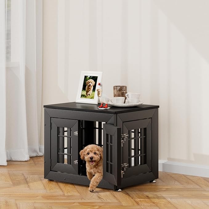 Snuowu 26" Heavy-Duty Dog Crate Furniture for Small/Medium Dogs, Rustic Wooden Dog Cage Kennel Indoor Furniture, Decorative Pet House End Table, Black