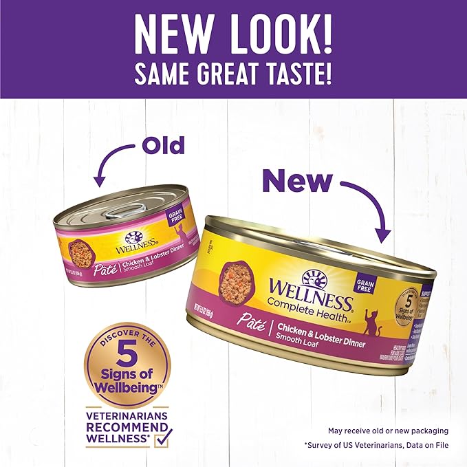 Wellness Complete Health Pate Adult Canned Wet Cat Food, Natural, Protein Rich, Grain Free, Chicken and Lobster Dinner Recipe, 5.5 oz, Pack of 24 Cans
