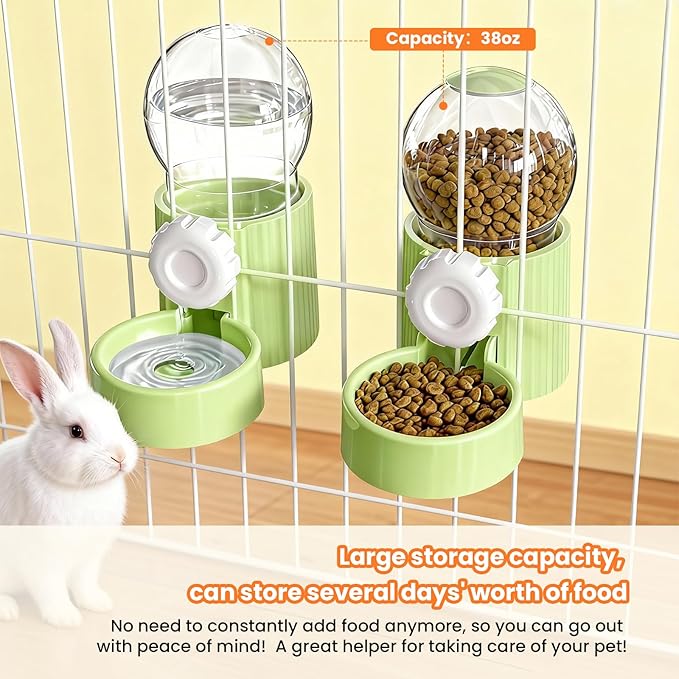38oz Hanging Automatic Food Water Dispenser, Large Capacity Gravity Rabbit Water Dispenser and Feeder Set, for Bunny Guinea Pig Chinchilla Ferret Cage Accessories (Green)