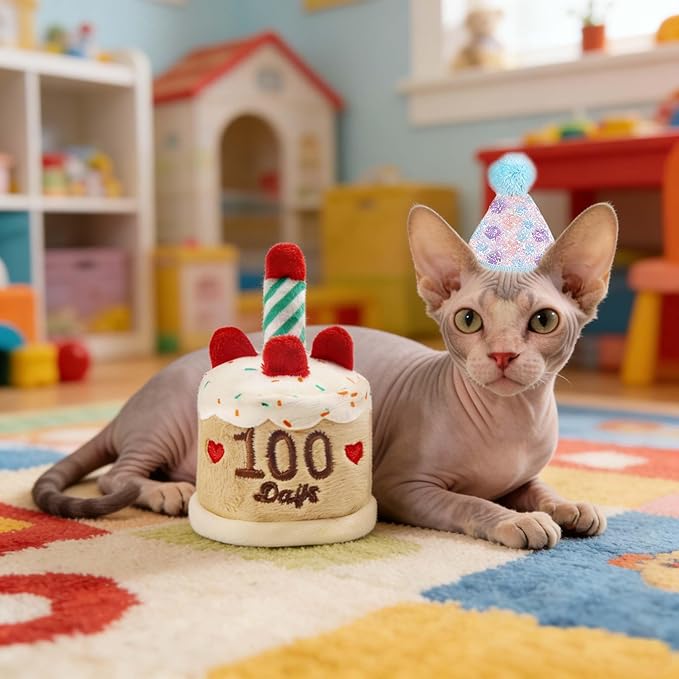 Cat Birthday Toy Kitten Cake with Birthday Hat Puppy Dog Plush Gift for Small Medium Pet (100 Day)