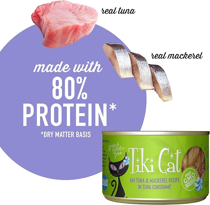 Tiki Cat Luau Shredded Meat, Ahi Tuna & Mackerel Recipe in Tuna Consumme, Grain-Free Balanced Nutrition Wet Canned Cat Food, For All Life Stages, 6 oz. Cans (Pack of 8)