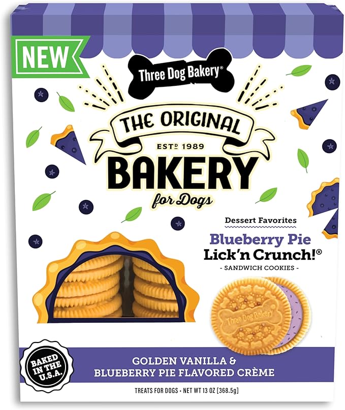 Three Dog Bakery Blueberry Pie Lick’n Crunch! Dog Treats, Dessert-Inspired Sandwich Cookies with Real Blueberries & Vanilla, Crunchy Baked Dog Cookies, Made in The USA, 13 oz