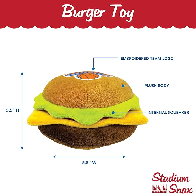 Pets First NBA New York Knicks Cheese Burger Plush Dog & CAT Squeak Toy - Cutest Stadium HAMBERGER Snack Plush Toy for Dogs & Cats with Inner Squeaker & Beautiful Basketball Team Name/Logo, Team Color