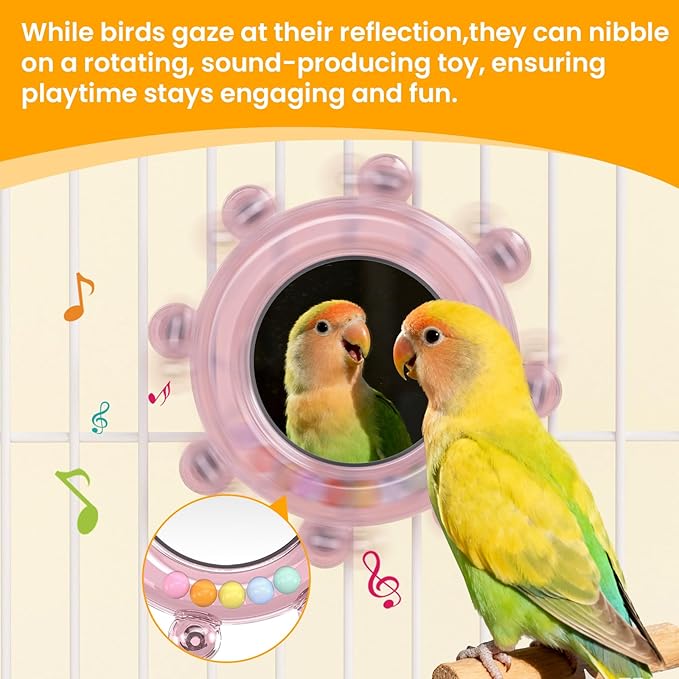 Bird Mirror Toys for Cage,Parakeet Rotating Sound Wheel Toy,Budgie Training Colorful Interactive Chew Toys for Canaries Lovebirds Conures Cockatiels cage Accessories (2, Pink)