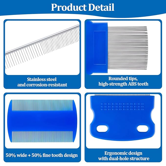 6 Pack Pet Grooming Combs, Stainless Steel Dog and Cat Grooming Combs with Rounded Teeth, Double-Sided Professional Pet Tear Stain Remover for Small, Medium, and Large Pets (Blue)
