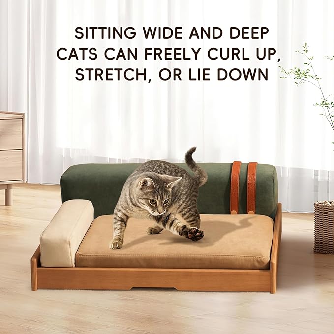 GDFStudio 24.8" Modern Wooden Pet Bed for Cats and Dogs, Oak Veneer Frame with Washable Cushion, Scratch-Resistant Fabric, Elevated Pet Sofa Bed with Non-Slip Feet and Hanging Toy for Indoor Pets