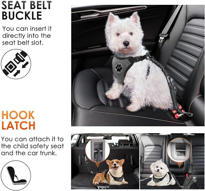 SlowTon Dog Seat Belt for Car, Adjustable 3 in 1 Dog Seatbelt with Elastic Bungee Buffer, Nylon Heavy Duty Dog Car Harness Reflective Safety Tether Leash with Latch Hook Clip Black