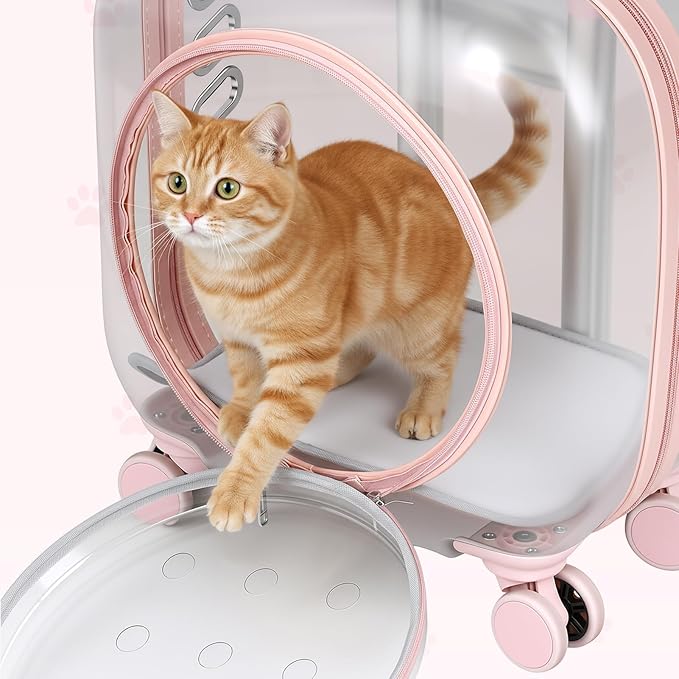 Cat Carrier Hard Shell Transparent Pet Trolley Box with Wheels, Pet Rolling Backpack with Telescopic Handle, Detachable Shoulder Strap, for Travel Outdoor Pink
