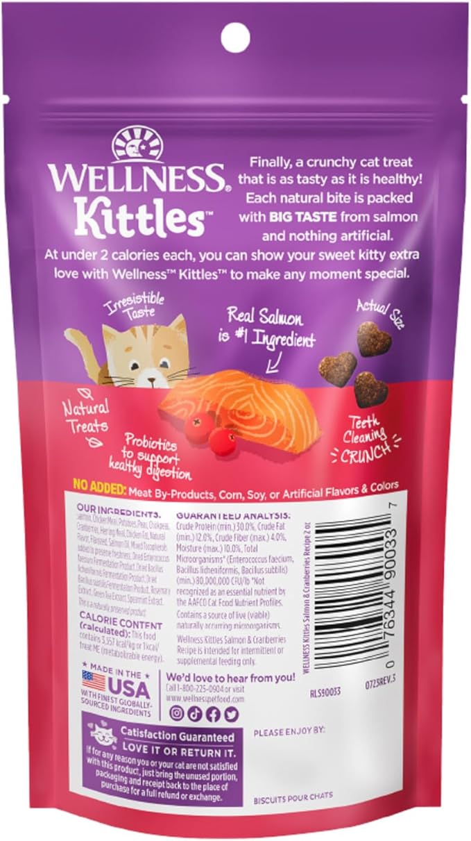 Wellness Kittles Crunchy Cat Treats, All Lifestages, Kitten to Senior, Natural, Grain Free, Salmon and Cranberry Flavor, 2 oz Bag