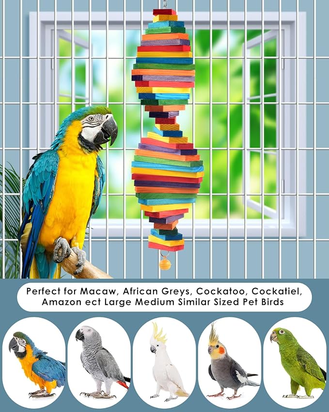 Bissap Bird Chew Toys, Multicolored Bagel Cascade Medium Large Bird Parrot Chewing Sticks Biting Wooden Blocks Toy for Big Senegal Amazon Cockatoos Macaws African Grey and Similar Sized Pet Birds