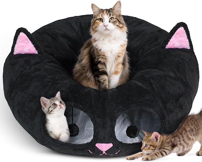 Baseola Cat Tunnel Bed for Indoor Cats, Peekaboo Cat Cave with Washable Soft Play Mat, Furry Cat Tube, for Kitten/Puppy/Rabbit, Kitten Series Black Pink