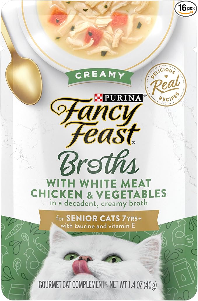 Purina Fancy Feast Broths Creamy Senior Cat Food Topper With White Meat Chicken & Vegetables, Pack of 16, 1.4 oz Pouches
