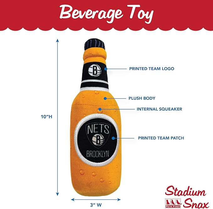 NBA Brooklyn Nets Beer Bottle Plush Dog & CAT Squeak Toy - Cutest Stadium SODA Bottle Snack Plush Toy for Dogs & Cats with Inner Squeaker & Beautiful Basketball Team Name/Logo