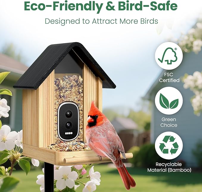 Smart Bird Feeder Camera with Solar Panel (Bamboo), 2.5K UHD AI Identification, Real-time Videos & Pictures, Wireless Solar Powered Outdoor, Ideal Garden Decor & Bird Watcher, Gift for Dad