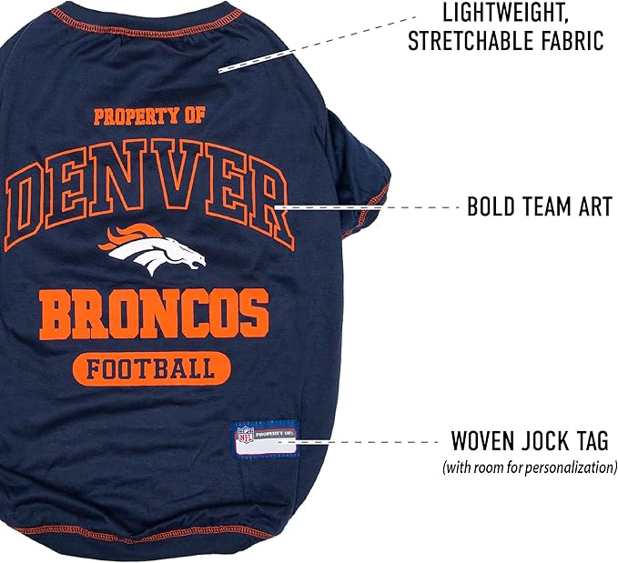 NFL Denver Broncos Dog T-Shirt for Pets, Size Small. Officially Licensed Pet Shirt with Team Logo, Soft Stretchable Comfort Fit Apparel for Dogs & Cats