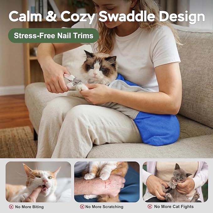 Cat Wrap for Cutting Nails, Self-Adhesive Cat Nail Clipping Restraint Bag, Anti-Scratch Cat Grooming Wrap Swaddle for Meds, SubQ Fluids, Ear Cleaning, Teeth Brushing & Vet Visits,Blue,S