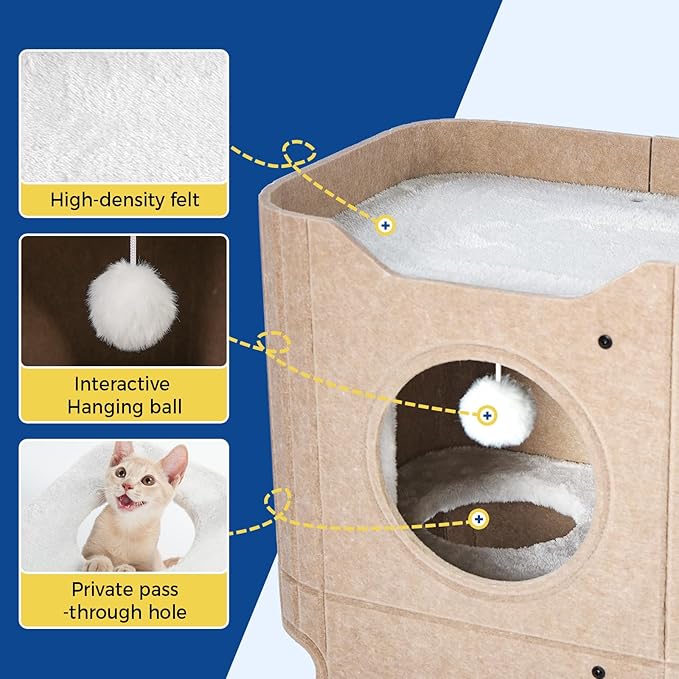 ABCPET Cat House for Indoor Cats, Cat Condo Cat Bed Cave, Felt Cats Hideaway Condo with Resistant Scratching Freedom Kitten Cube & Hanging Ball, Beige