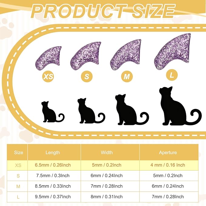 Cat Nail Caps, Cat Claw Covers with Adhesive Glue and Applicators, Kitten Claw Caps Soft Paws, (40 Pcs, XS, Crystal Lavender), Intended for Pet Tips/Nail Covers/Control Paws