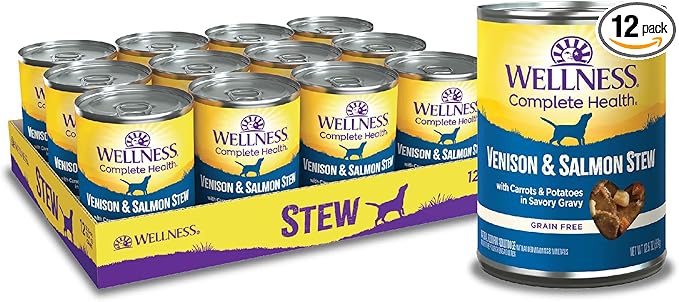 Wellness Complete Health Stew Adult Canned Wet Dog Food, Grain Free, Natural, Venison and Salmon Recipe, 12.5 oz, Pack of 12 Cans