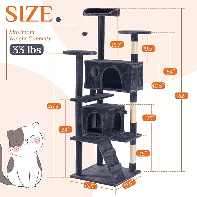 Sweetcrispy 62 Inch Cat Tree Tower, Multi-Level with Cat Scratching Post, Indoor Cat Condo with Climbing Ladder, Plush Toy, Play House for Cat, Dark Grey