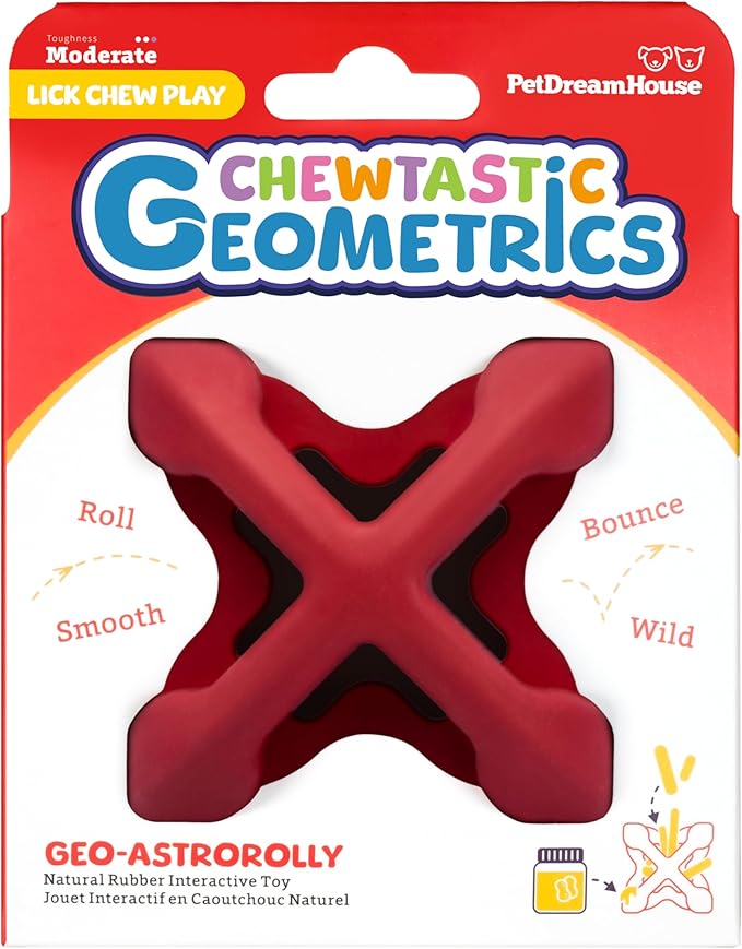PetDreamHouse Chewtastic Geometrics Natural Rubber Enrichment Dog Toy Geo-AstroRolly Red, Engaging Rolling and Unpredictable Bounce, Stuffable, Fun to Chew and Fetch