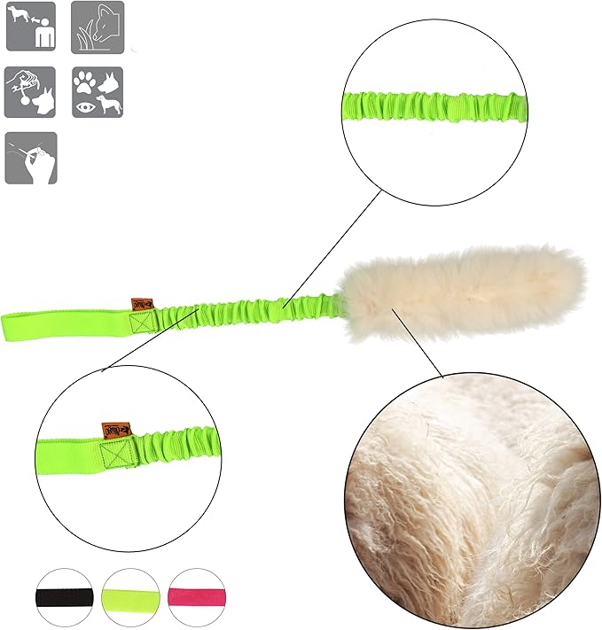 Dingo Natural tug Toy for Dog, Sheepskin Toy, Sheep Leather, for Chasing Motivation Reward Agility, Bungee Handle, Green 15581