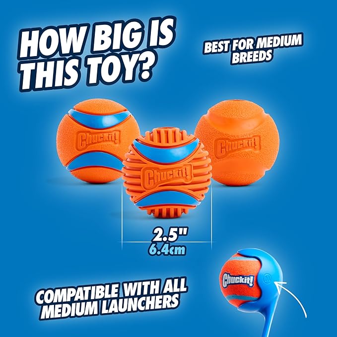 Chuckit! Dog Balls - Interactive Dog Toys, High-Bounce Fetch Ball, Ultra and Rugged Balls, Durable - Size Medium, 2.5-inch Diameter, Set of 3