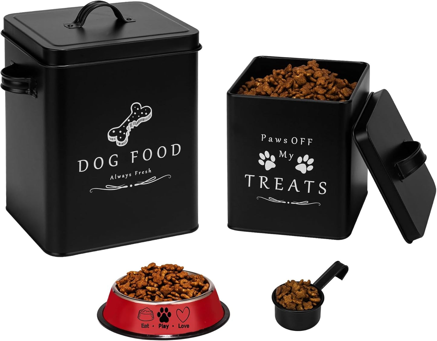 Meraki Home Small Dog Food Container and Dog Treats Container - Tight Lids - Feed Scoop and Pet Food Bowl - Farmhouse Metal Storage Bin - Matte Black