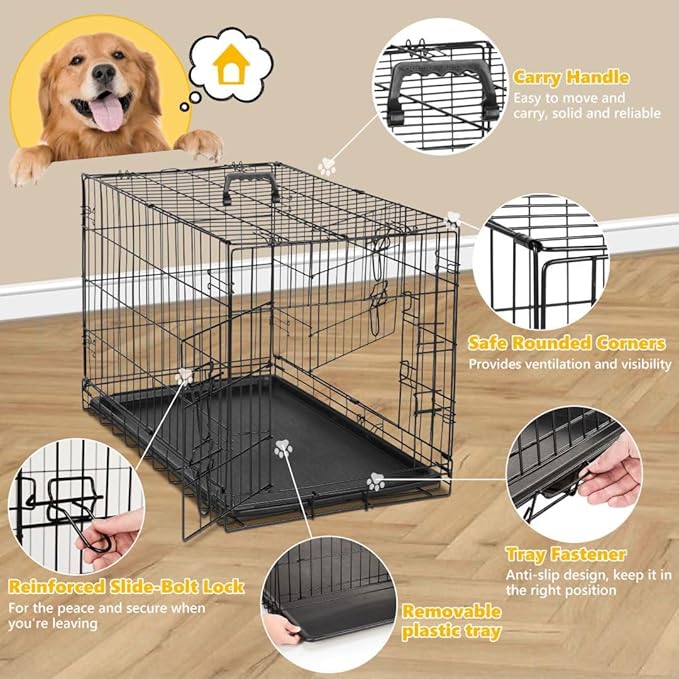 Dog Crate Kennel, 42 Inch Metal Pet Cage Double Door W/Divider Panel, Folding Travel Indoor Outdoor Dog Kennel Leak-Proof Plastic Tray Wire Animal Cage