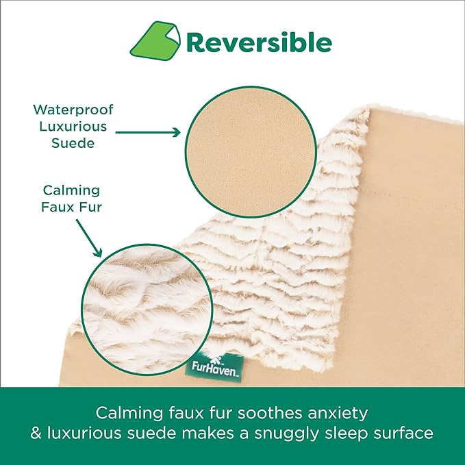 FurHaven Waterproof Dog Blanket – Birch Faux Fur & Suede Calming Throw for Pets, Washable – Taupe, Large