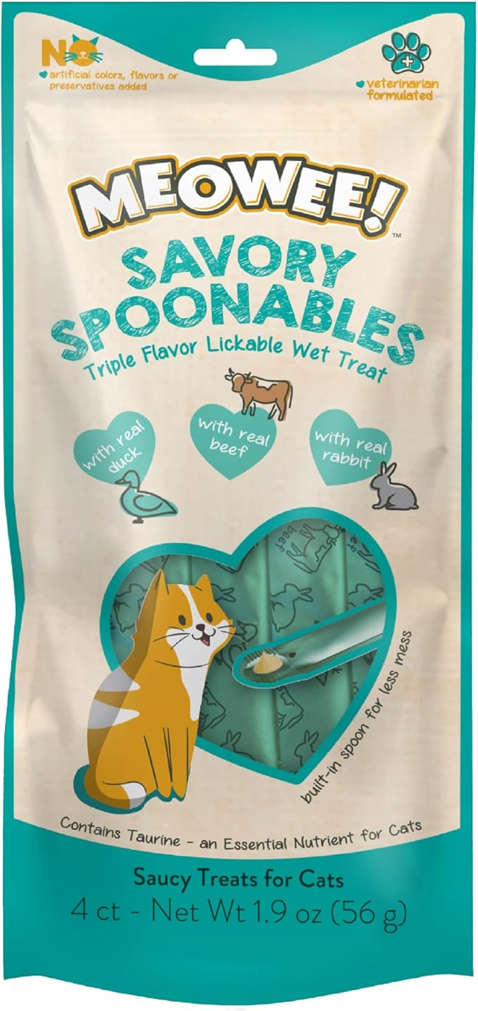 MEOWEE! Savory Spoonables with Real Duck, Beef and Rabbit for Cats, 4 Count, Treat Your Cat to Triple Flavor Squeezable Lickable Wet Treats with Built-in Spoon for Less Mess (Pack of 2)