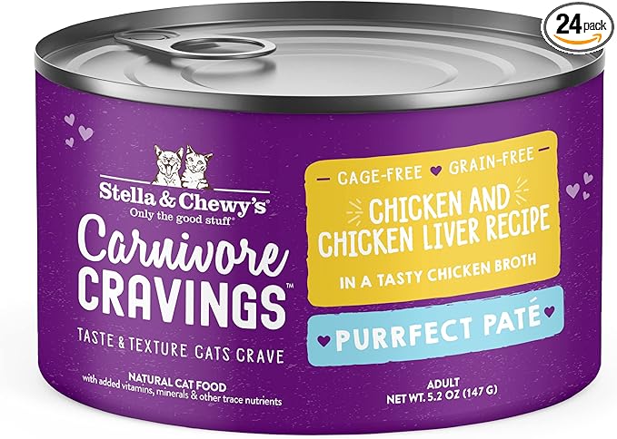 Stella & Chewy's Carnivore Cravings Purrfect Paté - Premium Grain-Free Wet Cat Food - Chicken & Liver Recipe - High Protein with Bone Broth - Perfect for Picky Eaters - 5.2oz Cans (24 Pack)