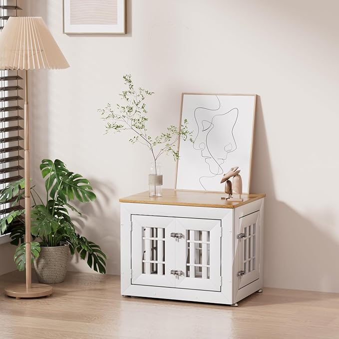 Snuowu 26" Heavy-Duty Dog Crate Furniture for Small/Medium Dogs, Rustic Wooden Dog Cage Kennel Indoor Furniture, Decorative Pet House End Table, White & Wood