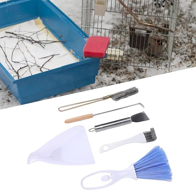 AYNEFY 6pcs Set Bird Cage Cleaner Kit, Brush Tool Stainless Steel Poop Remover Bird Cage Accessories Suitable for Rabbit Cages, Hamster Cages, Cages