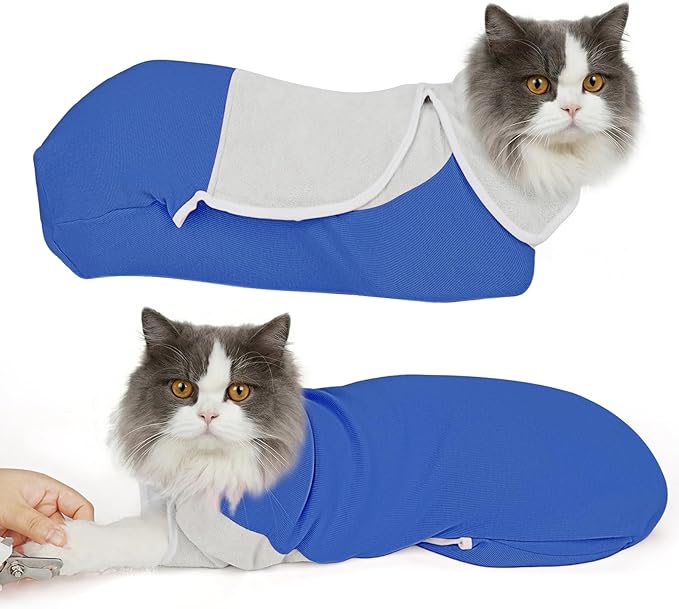 Cat Wrap for Cutting Nails, Self-Adhesive Cat Nail Clipping Restraint Bag, Anti-Scratch Cat Grooming Wrap Swaddle for Meds, SubQ Fluids, Ear Cleaning, Teeth Brushing & Vet Visits,Blue,M