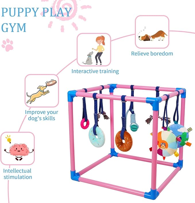 Liitrton Puppy Play Gym - Small Dogs Play Gym with 8 Hanging Toys, Indoor Puppy Jungle Gym with Interactive Dog Enrichment Toys, 19.5"x19.5"x19.5" PVC Frame (Pink)
