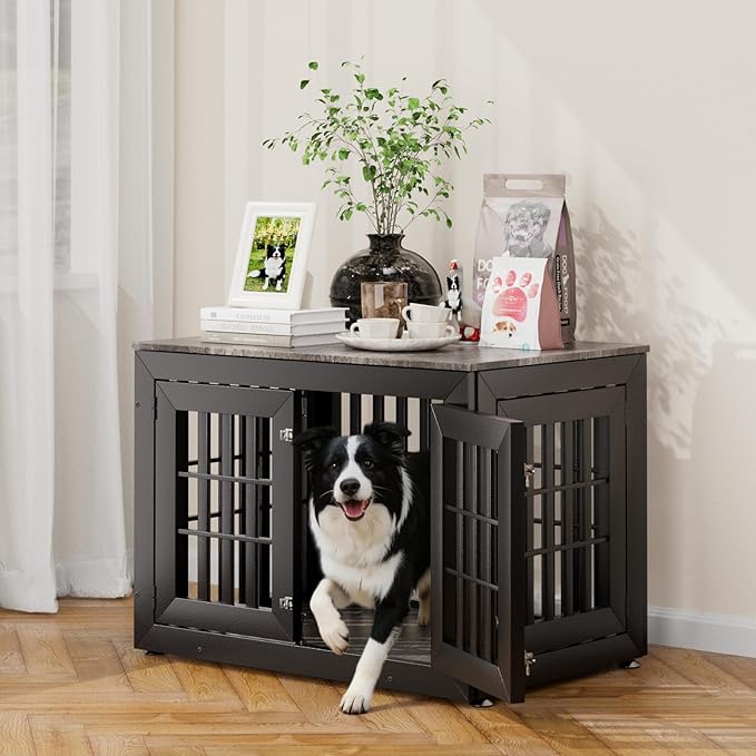 Snuowu 38" Heavy-Duty Dog Crate Furniture for Large/Medium Dogs, Rustic Wooden Dog Cage Kennel Indoor Furniture, Decorative Pet House End Table, Black & Grey