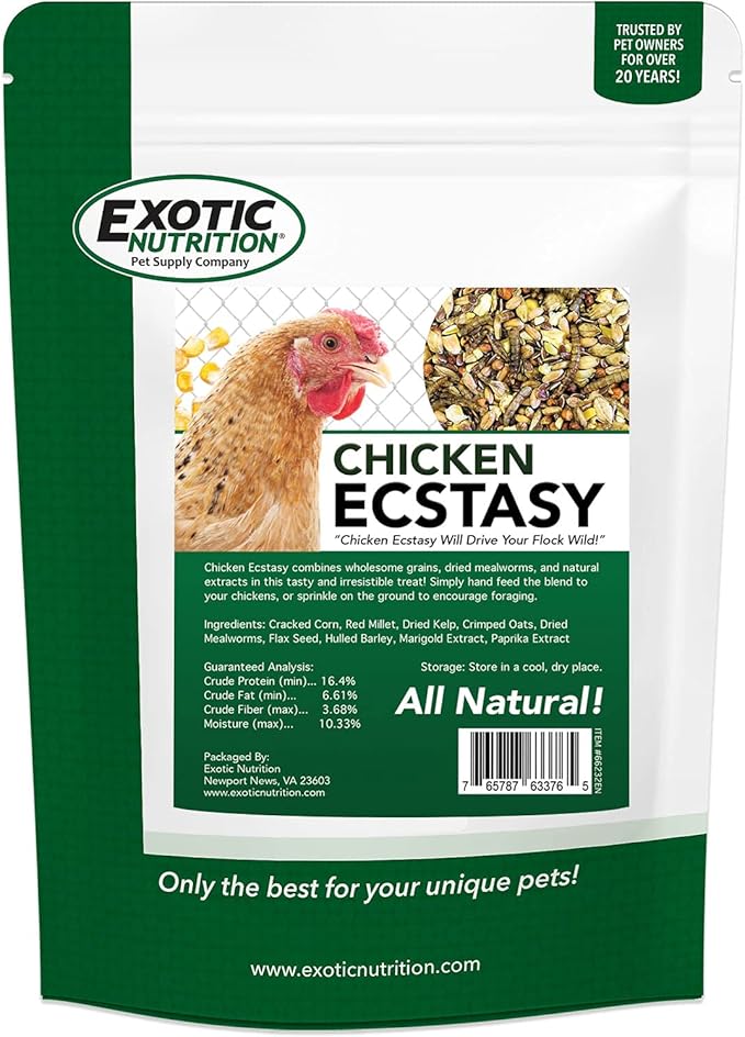 Exotic Nutrition Chicken Ecstasy (8.5 lb) - Healthy All-Natural Backyard Chicken Feed - Grains, Dried Mealworms & Natural Extracts - Promotes Healthy Chickens & Eggs