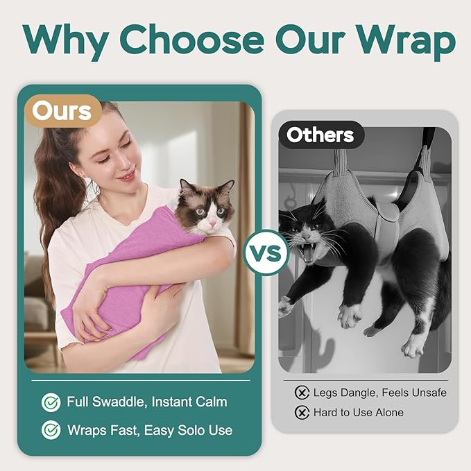 Self-Adhesive Cat Grooming Wrap, Cozy Cat Wrap for Cutting Nails, Breathable Anti-Scratch Cats Swaddle Bag for Brushing, Ear Cleaning, Dental Care, Medication, Injections,Pinkish Purple S