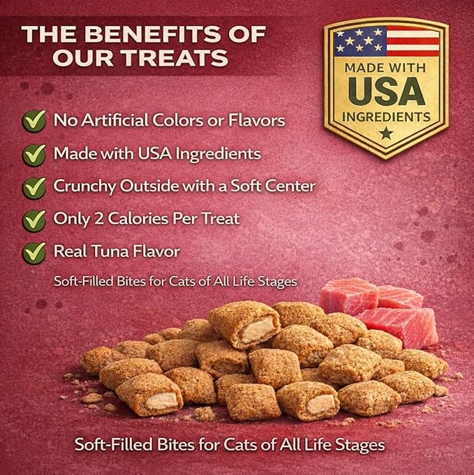 Tuna Cat Treats Crunchy Soft Filled Bites - Training Treats for Indoor Cats Kittens - Low Calorie Cat Snacks No Artificial Flavors Made in USA - 9 oz Total (Packaging May Vary)