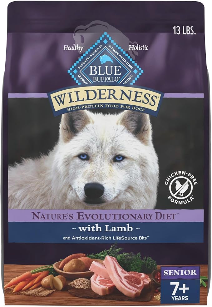 Blue Buffalo Wilderness 31 g Protein, Meat Rich Natural Dry Senior Dog Food, Lamb, Chicken-Free Formula, 13lb Bag