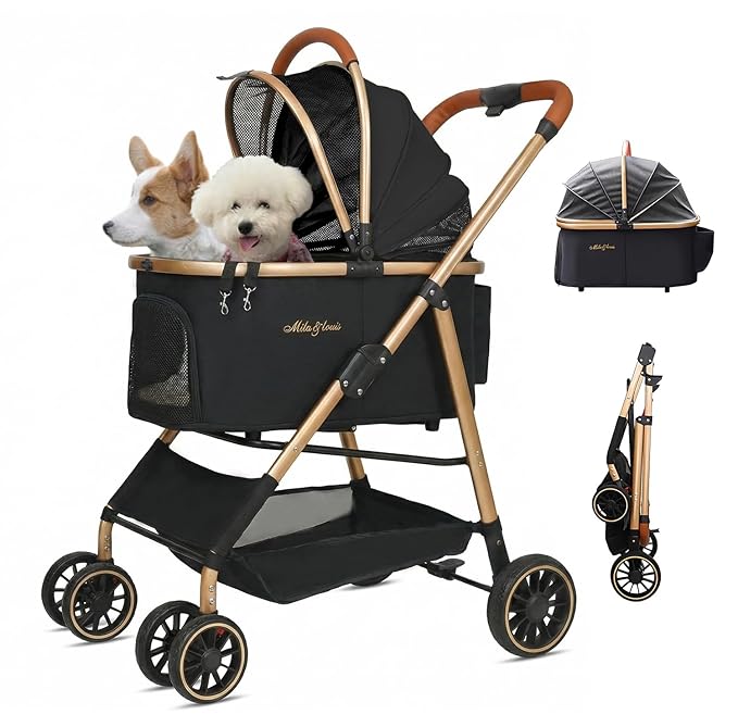 MILA&LOUIS Cat Stroller, 24" Pet Cradle, Lightweight & Stylish Dog and Pet Stroller for Medium and Small Pets, 25 Lbs Capacity with Cup Holder, Hook, Detachable Aluminum Cradle (Black)