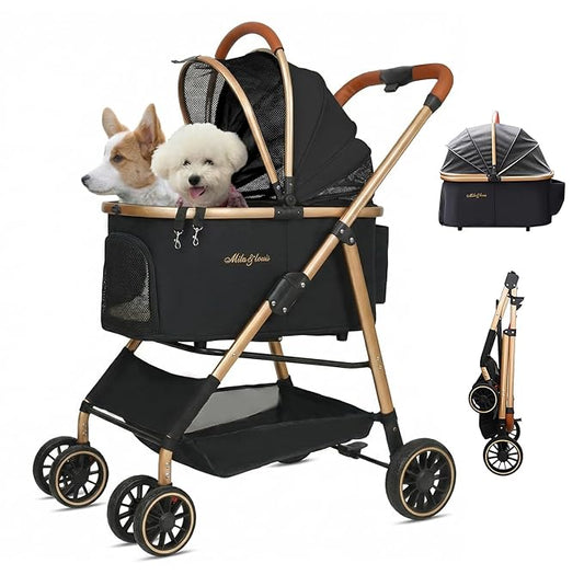 MILA&LOUIS Cat Stroller, 24" Pet Cradle, Lightweight & Stylish Dog and Pet Stroller for Medium and Small Pets, 25 Lbs Capacity with Cup Holder, Hook, Detachable Aluminum Cradle (Black)